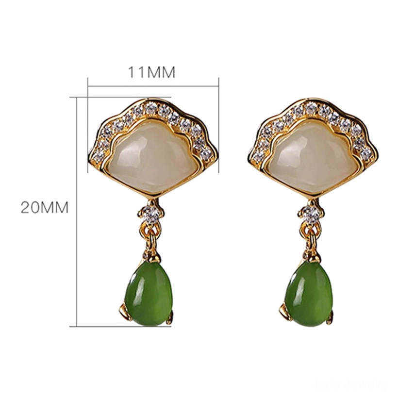 Jade fan drop earrings dimensions and measurements on white background technical view