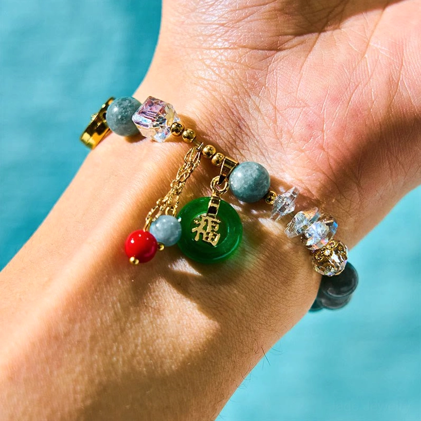 Jade only variant of Fu character charm bracelet with green jade beads and protective energy