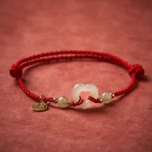 Close-up hetian jade heart pendant with fu character charm adjustable knot detail