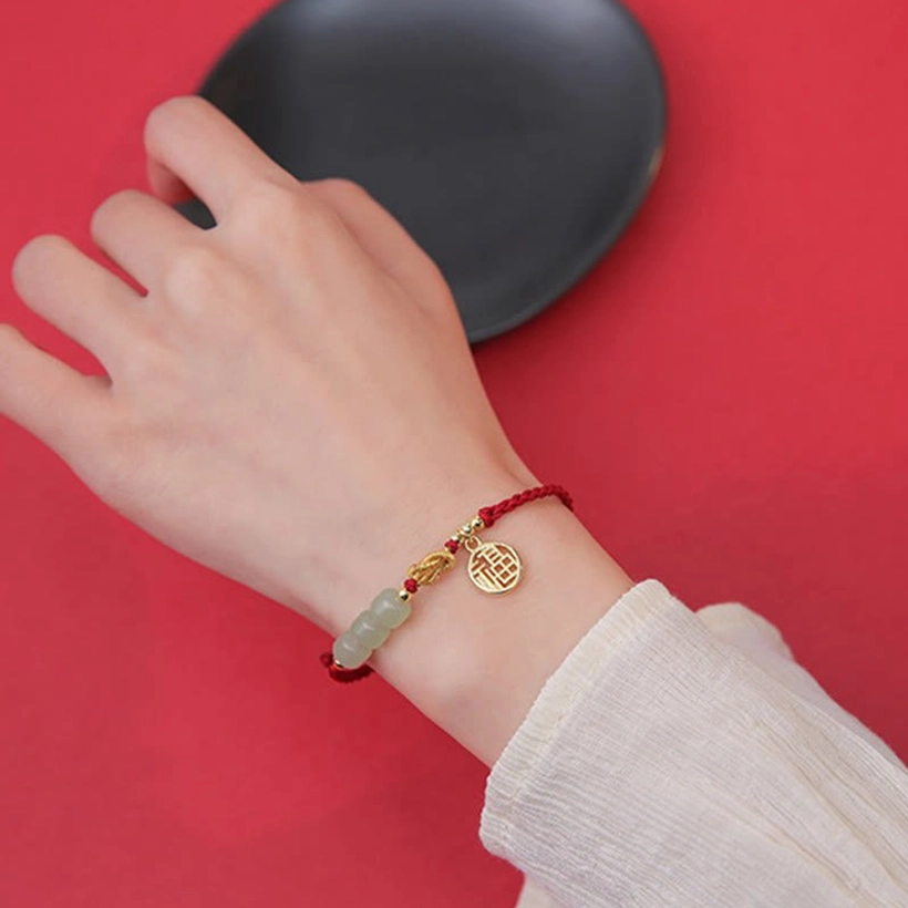 Jade Fu character red rope bracelet for luck and protection - handcrafted with natural stone beads and meaningful cultural charm