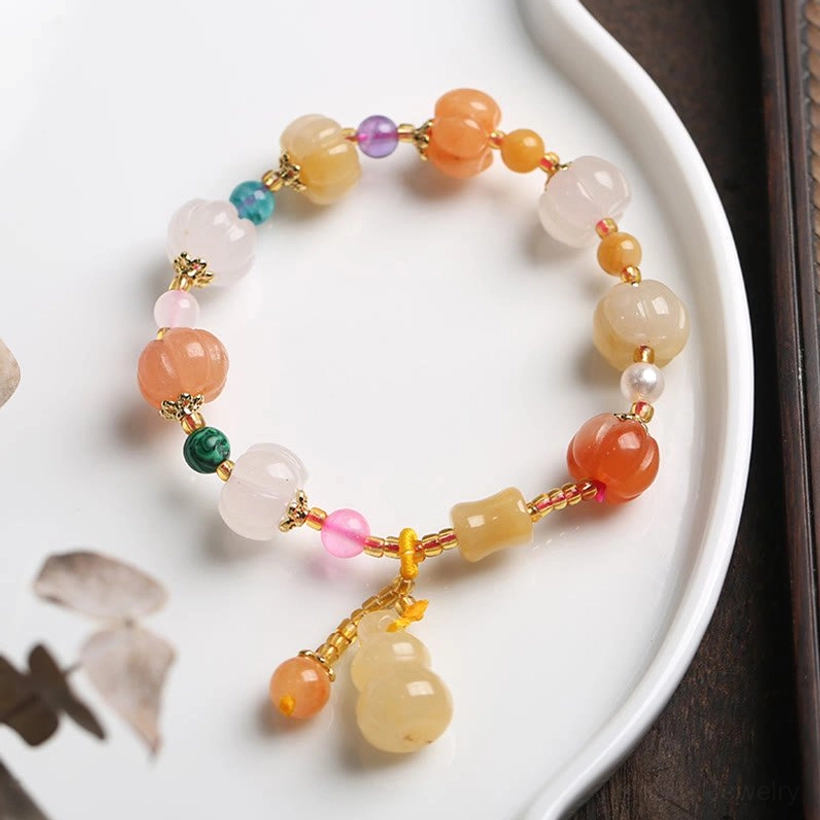 Natural jade gourd bracelet with mixed amethyst malachite lazurite abundance charm