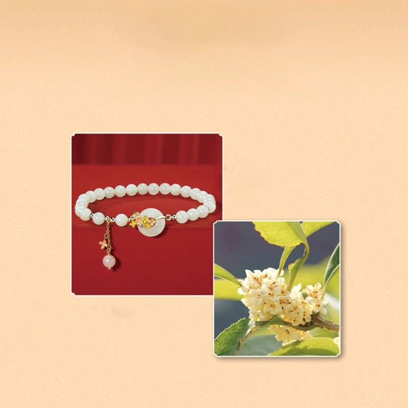Jade jewelry wellness benefits infographic - hetian jade bracelet and osmanthus flower significance