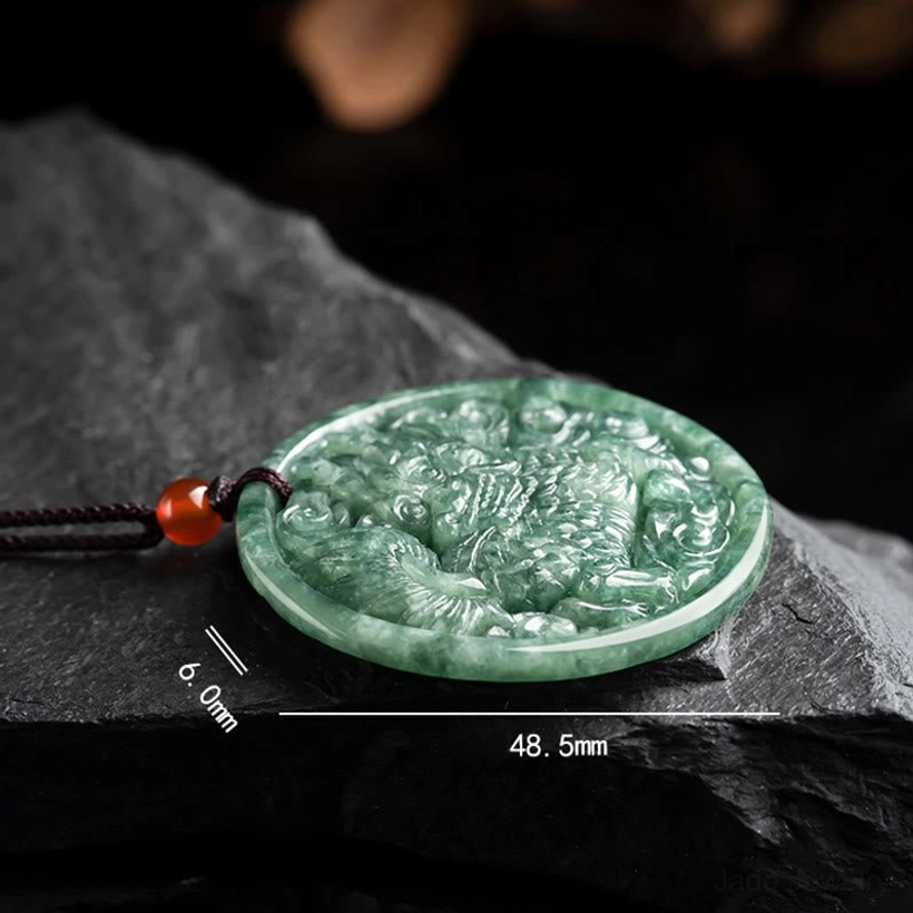 Jade kirin pendant necklace with size measurement marks showing 48.5mm dimensions