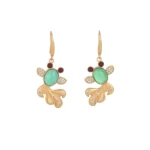 Gold jade koi fish drop earrings with green central gemstone and red decorative beads, front flat lay view on white background