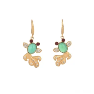 Gold jade koi fish drop earrings with green central gemstone and red decorative beads, front flat lay view on white background