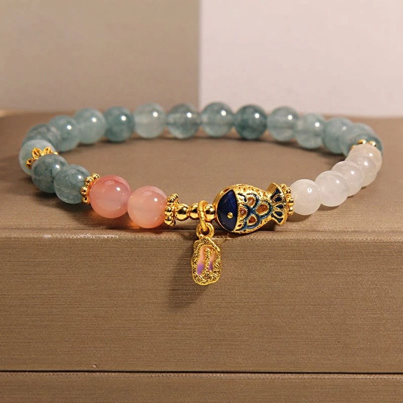Jade koi fish prosperity bracelet complete view with mixed beads and enamel charm for abundance and good fortune