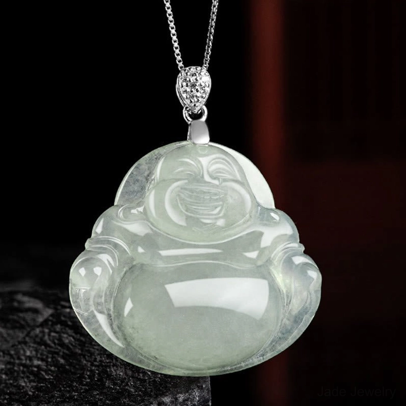 Jade laughing Buddha necklace frontal angle displaying glossy light green jade with silver-toned chain and secure clasp