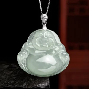 Natural jade laughing Buddha pendant necklace with light green translucent jade and silver-toned hardware, front flat view
