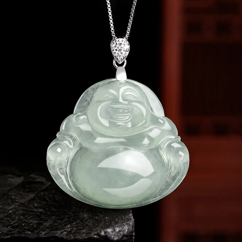 Natural jade laughing Buddha pendant necklace with light green translucent jade and silver-toned hardware, front flat view