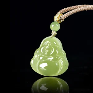 Jade Laughing Buddha necklace oblique side view showing braided rope detail and pendant shine