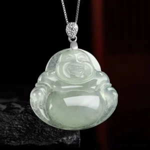 Light green jade laughing Buddha charm on titanium steel chain, frontal perspective showing smooth carved details