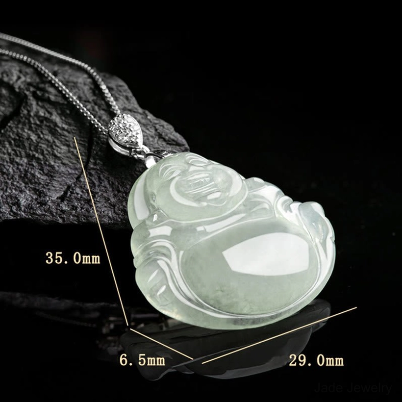 Natural jade laughing Buddha prosperity necklace complete product shot with titanium steel chain and packaging