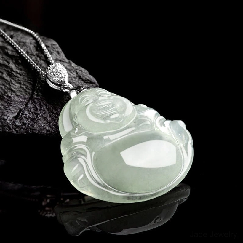 Laughing Buddha jade necklace oblique side angle, gem-studded silver bail with decorative chain accent
