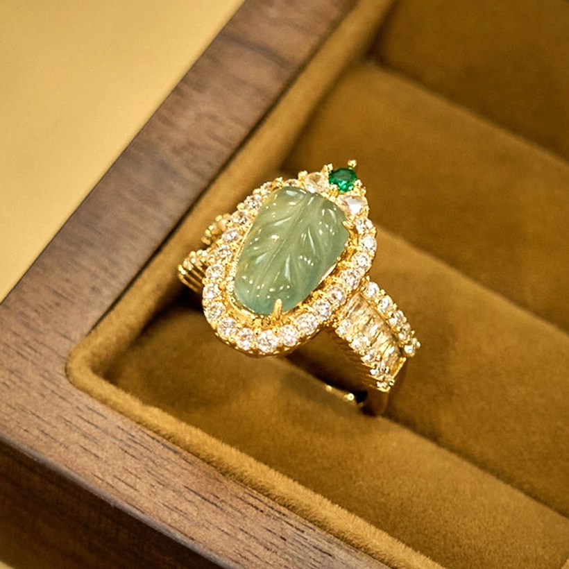 Gold-plated jade leaf diamond ring product showcase featuring complete adjustable band and handcrafted natural jade stone detail