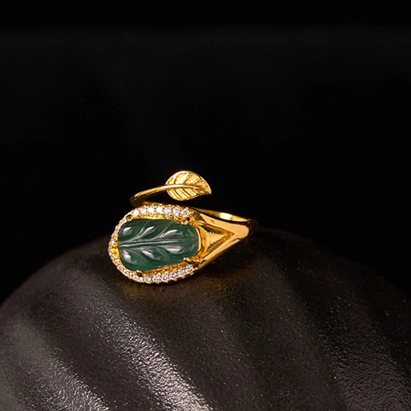 Natural jade leaf adjustable prosperity ring - lifestyle product photography showing the ring's elegant appearance and wearable beauty