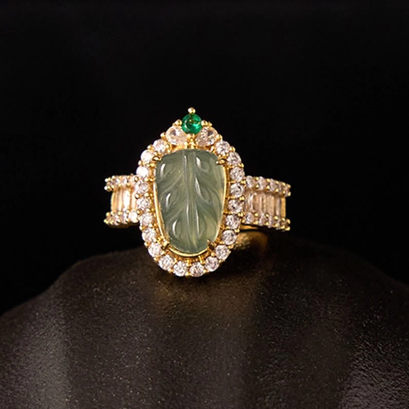 Adjustable jade leaf luck ring bottom view showing the complete band structure and adjustable mechanism for comfortable fit