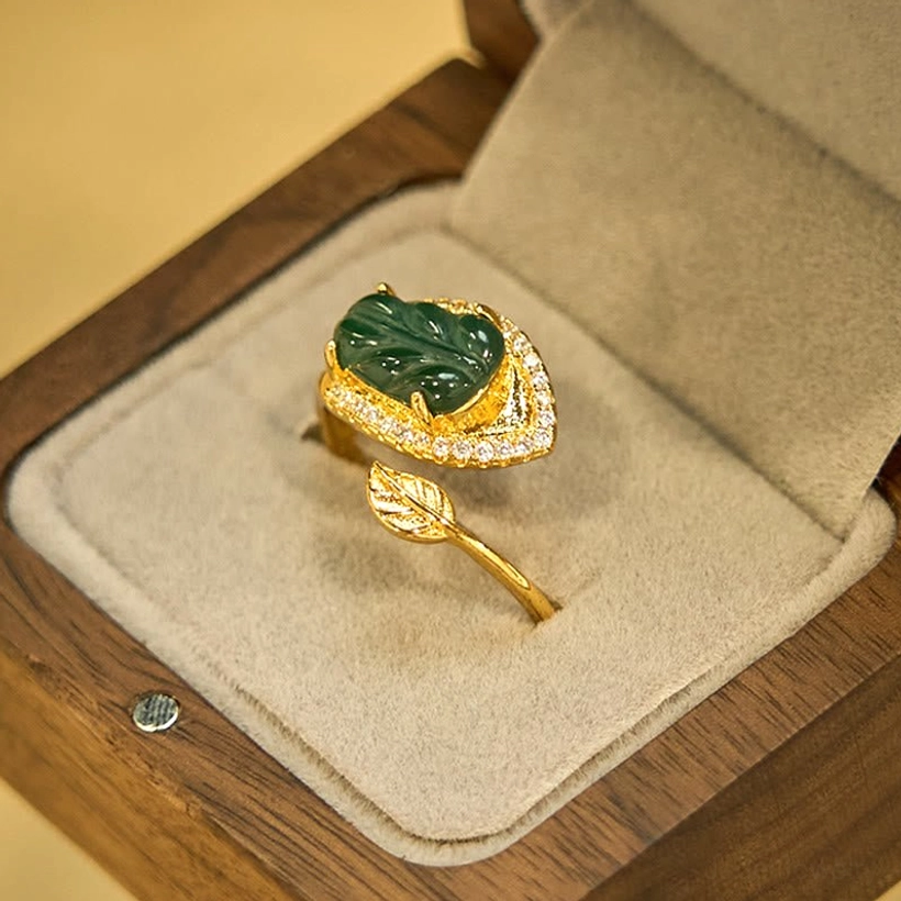Jade leaf gold adjustable ring from alternative angle - showcasing the open ring design flexibility and natural jade leaf carving quality