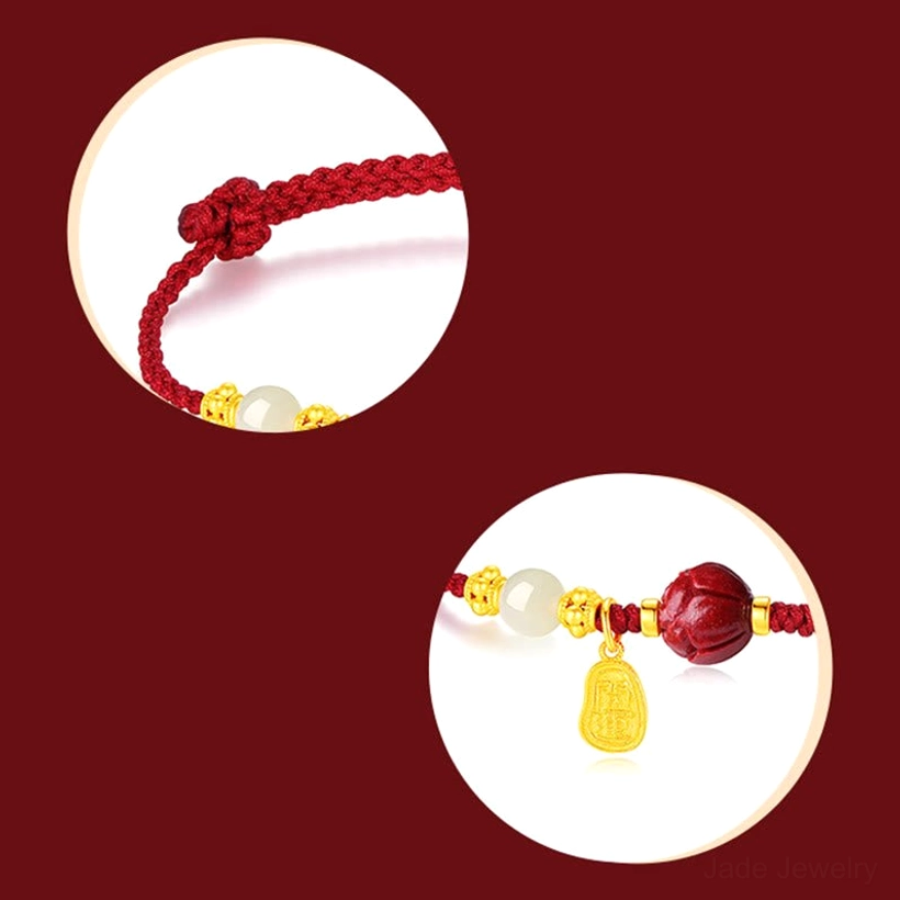 Close-up detail shots of braided knot cord and jade lotus bead charm assembly