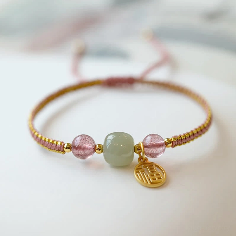 Jade lotus prosperity bracelet variant with authentic green stone and gold charm pendant