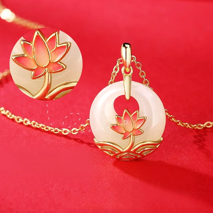 Lotus jade pendant necklace side angle with enlarged lotus detail inset showing gradient pink enamel petals and craftsmanship