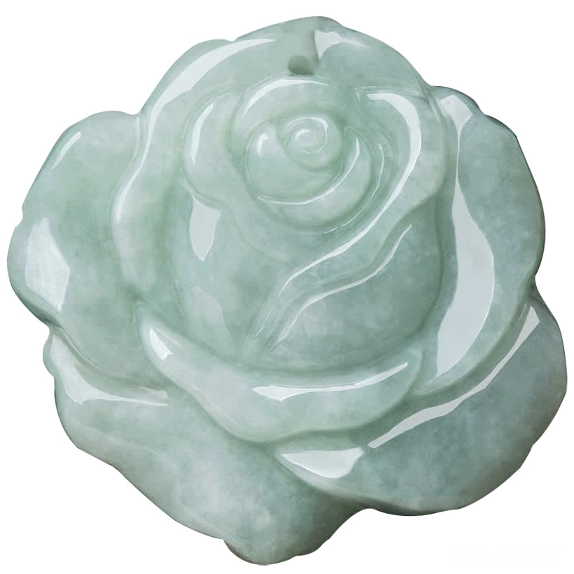 Full detailed jade lotus rose carving pendant flat overhead view showing complete flower design and glossy light green surface
