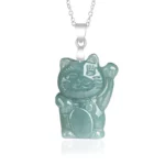 Natural jade lucky cat pendant necklace front view with raised paw prosperity symbol on white background