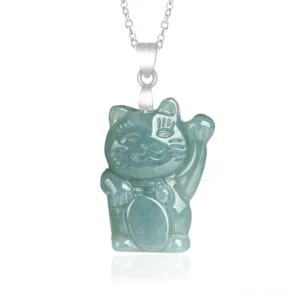 Natural jade lucky cat pendant necklace front view with raised paw prosperity symbol on white background