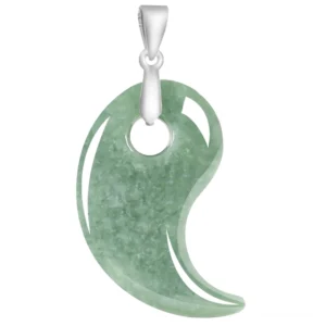 Close-up of polished green jade magatama pendant showing carved teardrop design and metal loop