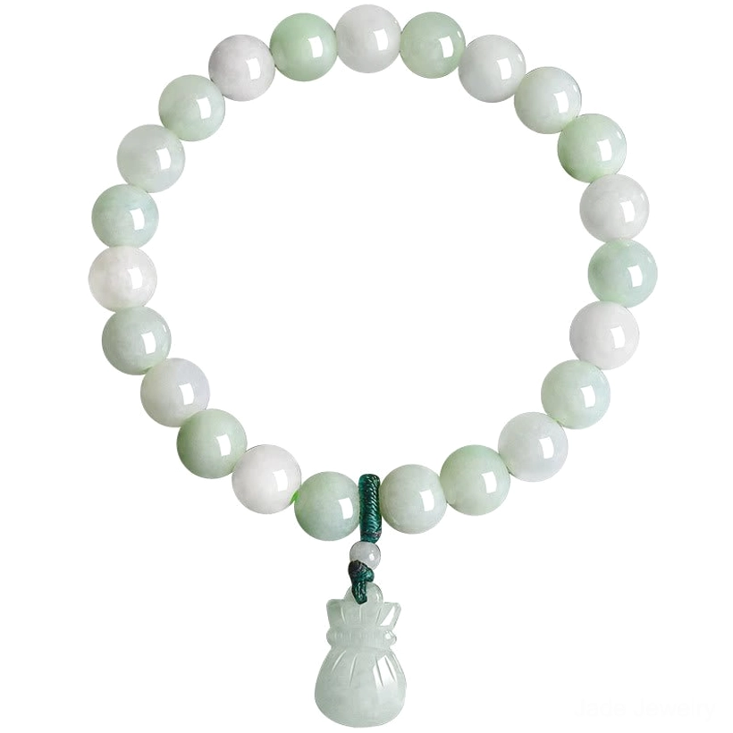 Circular jade luck bracelet front view on white background, uniform light green jade beads with carved money bag charm and dark green knot