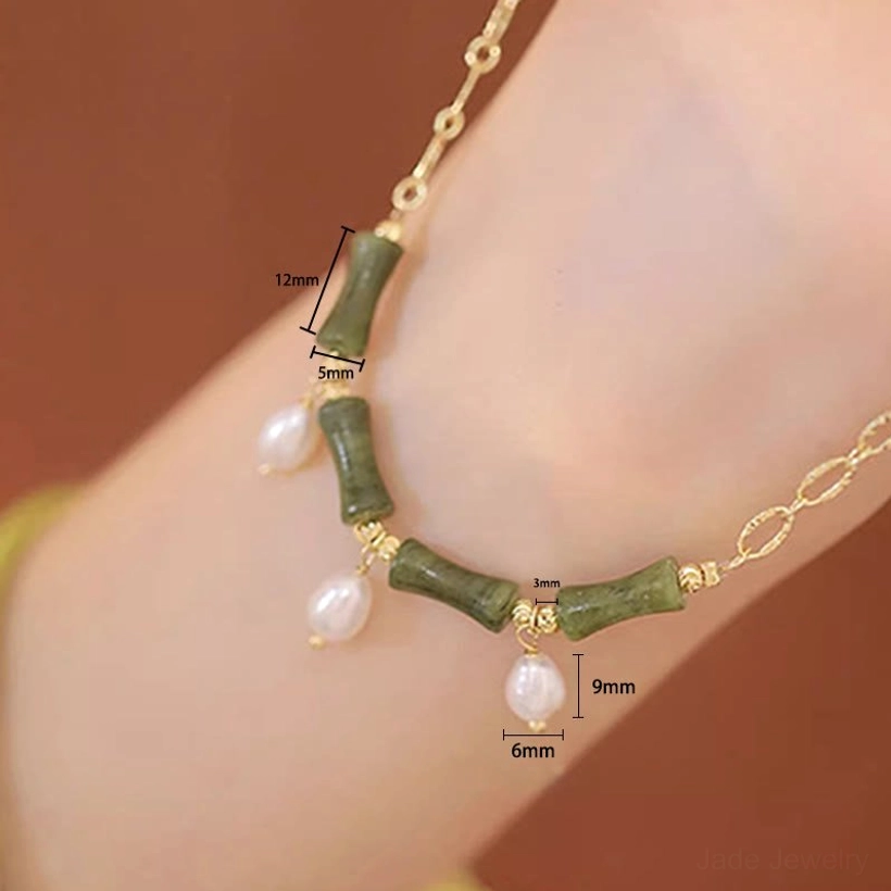 Tianshan jade bamboo pearl necklace with size measurements labeled on forearm