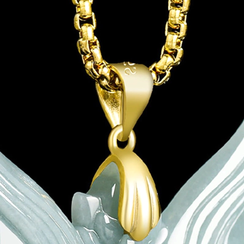 Close-up detail of polished titanium steel bail, chain connector, and jade pendant attachment point, emphasizing craftsmanship quality