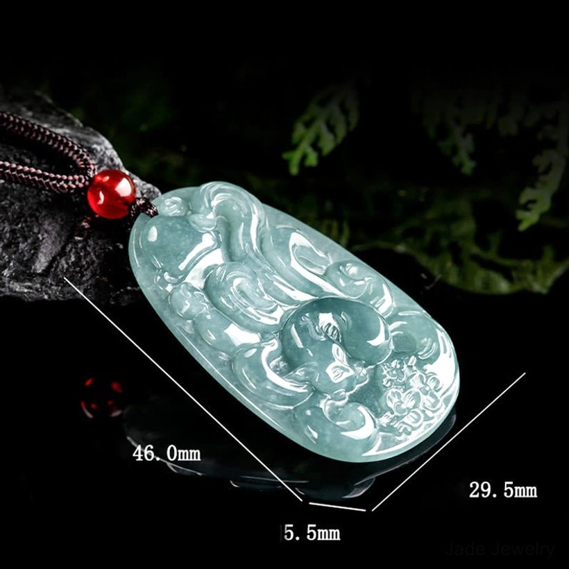 Nine-tailed fox jade pendant necklace with size dimension markers 46×29.5×5.5mm, showing scale and carving detail