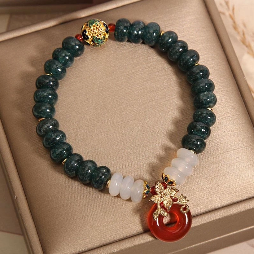 Colorful enamel gold spacer bead detail on jade white agate red agate peace buckle bracelet