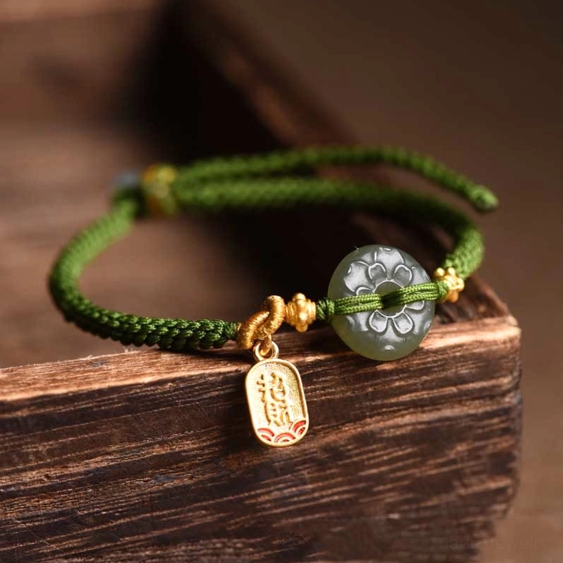 Braided green rope jade peace buckle bracelet close-up side angle showing details
