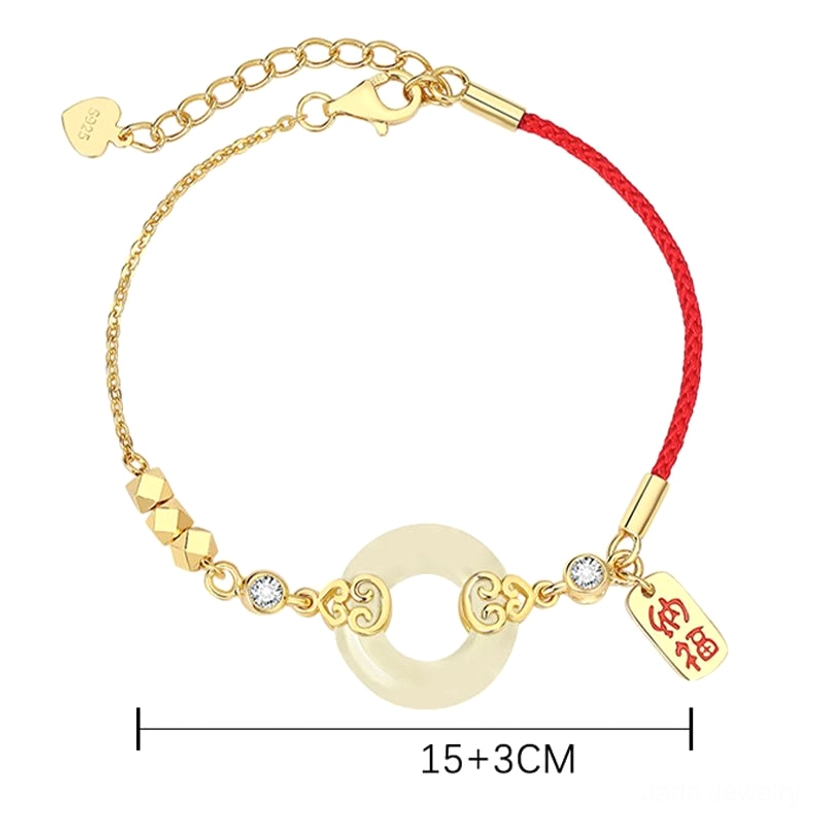 Top view of jade peace buckle bracelet with 15+3cm size label, premium gold hardware, and red fortune charm