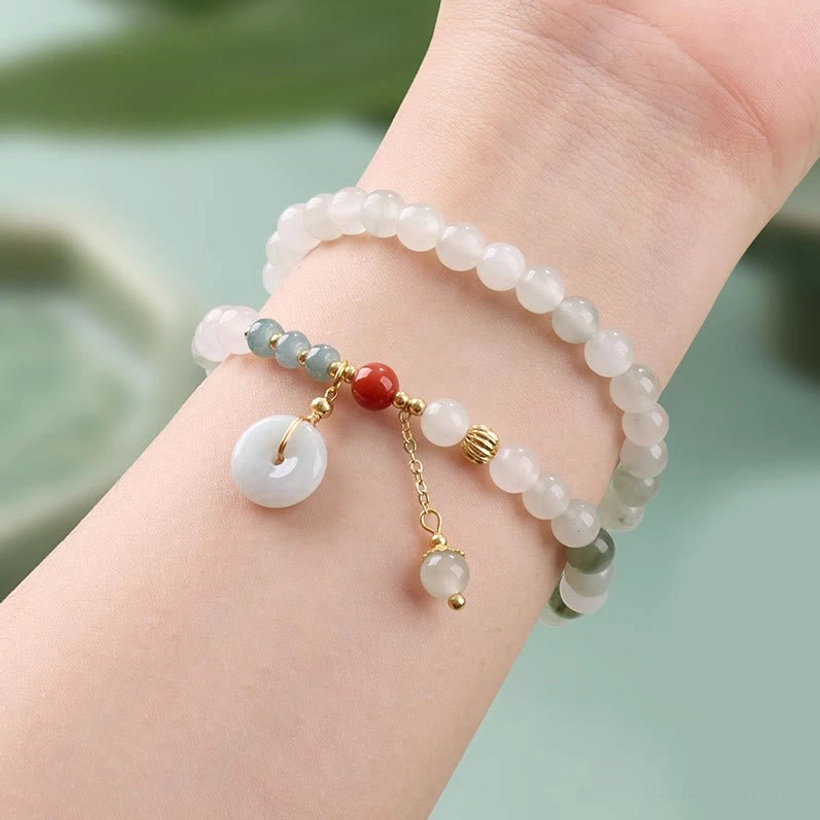 Jade peace buckle double wrap bracelet worn on wrist showing fit and comfort