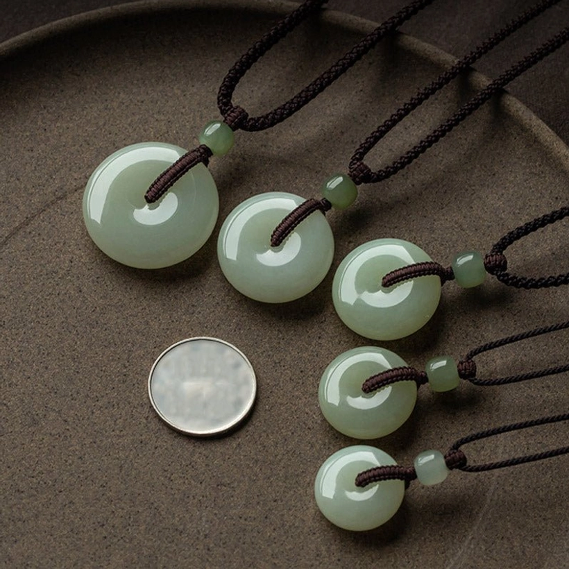 Natural jade peace buckle necklace pendant multiple size options comparison display 20mm 22mm 24mm 27mm 31mm