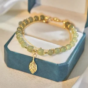 Golden leaf jade beaded bracelet with double-layer design in luxury blue gift box