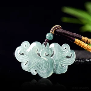 Light green jade phoenix pendant side close-up detail displaying the braided rope with golden woven knots and fine craftsmanship of the pendant edges