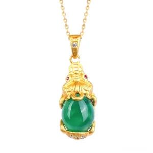Natural jade Pixiu pendant necklace featuring gold-plated setting with matte finish, authentic green jade stone, and traditional Pixiu charm design - front view on white background