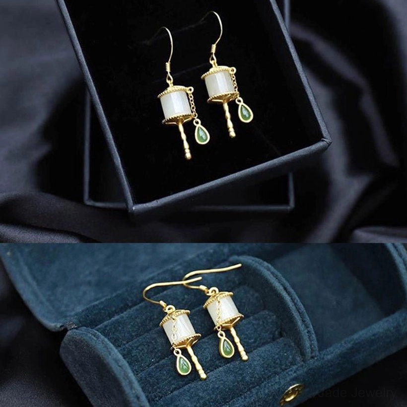 Sterling silver jade prayer wheel earrings product photography showing complete pair with prayer wheel design elements and jade bead details