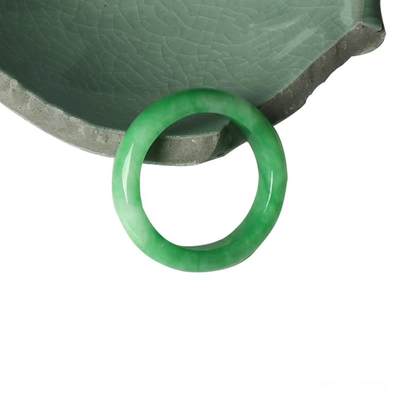 Natural green jade ring low angle side profile polished band celadon ceramic detail