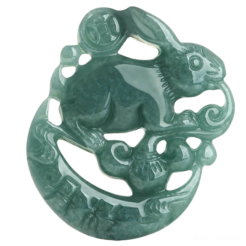 Single green jade rabbit crescent moon pendant with full hollow carved design on white background, detailed front view of carving artistry