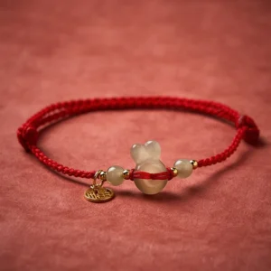 Close-up detail view of jade rabbit bead and gold fu charm on adjustable red cord bracelet