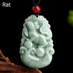Green jade Rat zodiac pendant necklace with intricate rat carving and smooth jade texture, frontal studio close-up view
