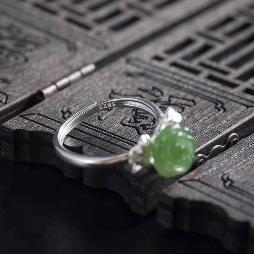 925 sterling silver hallmark stamped on adjustable jade rose ring band, shown on traditional Chinese wooden jewelry box
