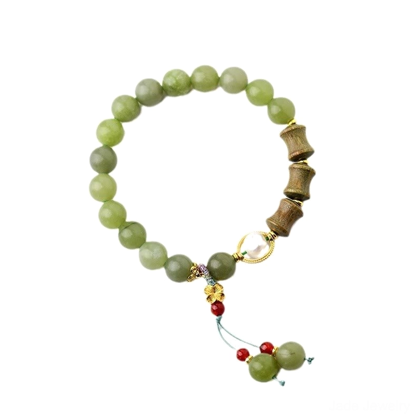 Green jade sandalwood beaded bracelet with metal ring charm and tassel pendant
