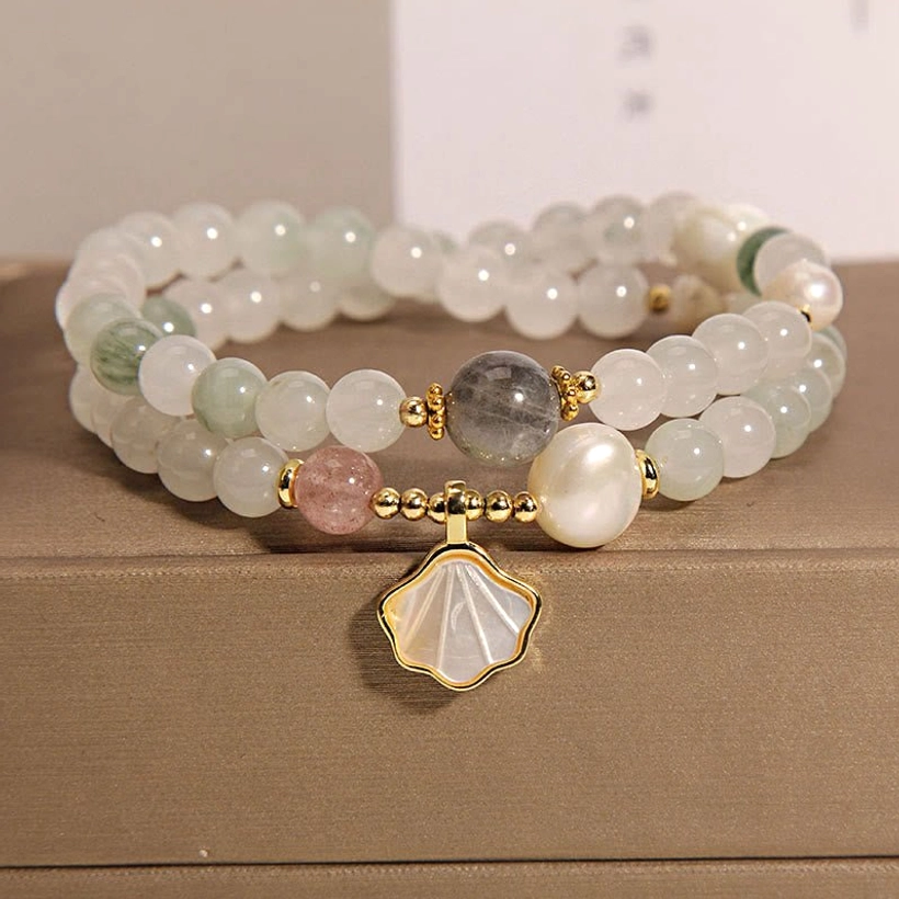 Double-layer jade shell pendant bracelet with white round beads and gold hardware in brown gift box