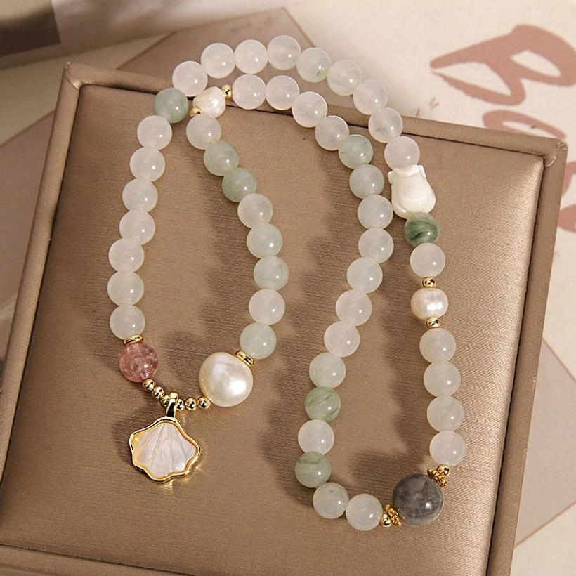 Double-layer shell charm jade luck bracelet with mixed stone beads and gold metal accents