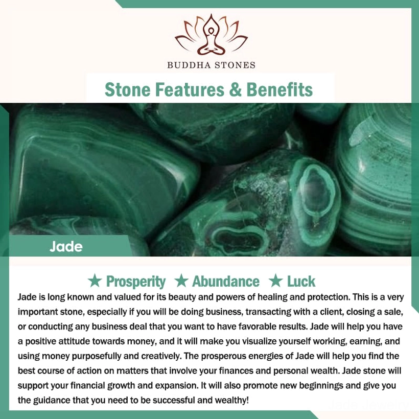 Jade stone prosperity and abundance infographic with healing benefits and cultural significance